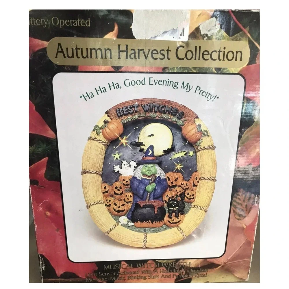 Halloween Autumn Harvest Resin Witch Wreath Musical Lights &‎ Sound New!